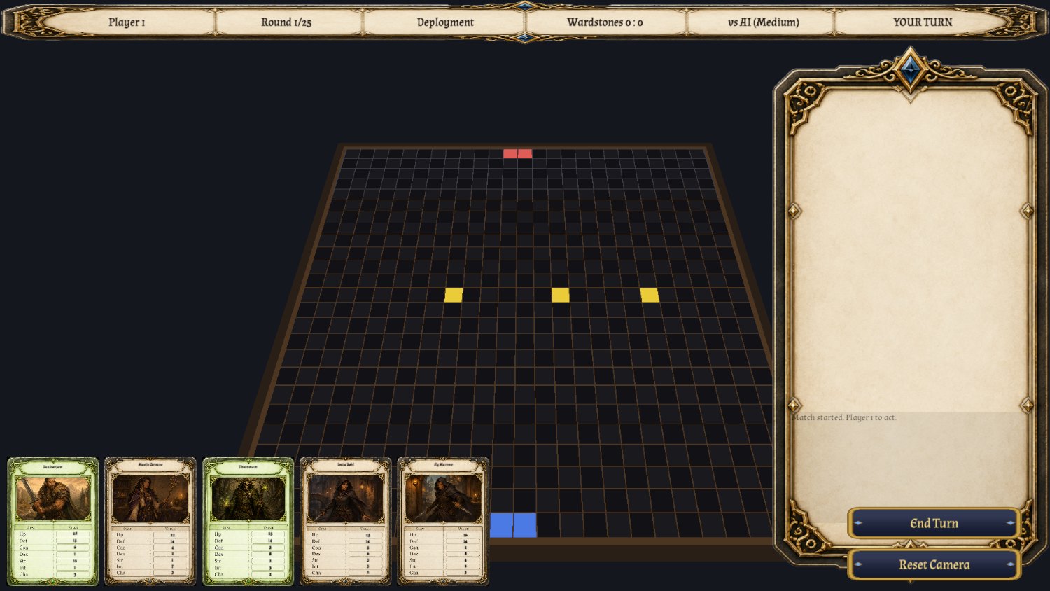 The Calle battlefield: a large grid board with the three yellow Wardstones on the centre line, a hand of champion cards along the bottom and a battle log at the right.