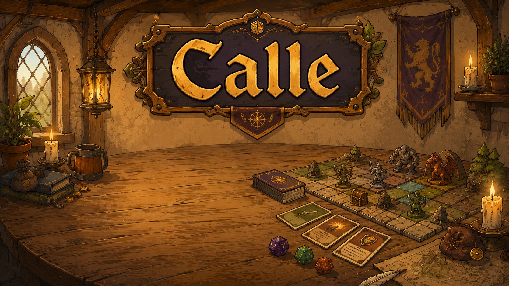 A candlelit tavern table with a Calle sign, cards, dice and a grid board laid out for play.