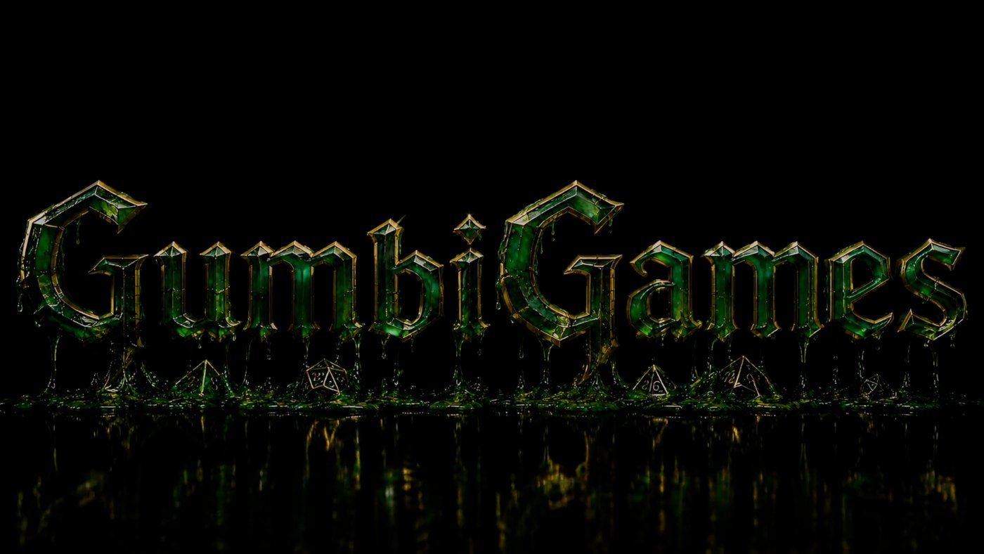 The GumbiGames logo: gothic lettering in green slime and gold, dripping over scattered dice.