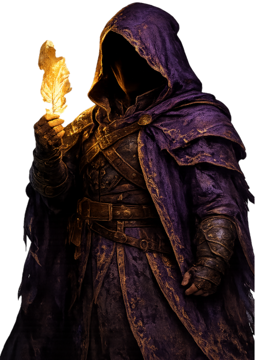 The Dungeon Master, hooded in purple and gold, holding a glowing leaf.