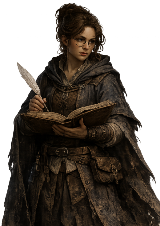 Edda Quill, a scribe in spectacles holding an open book and a white feather.