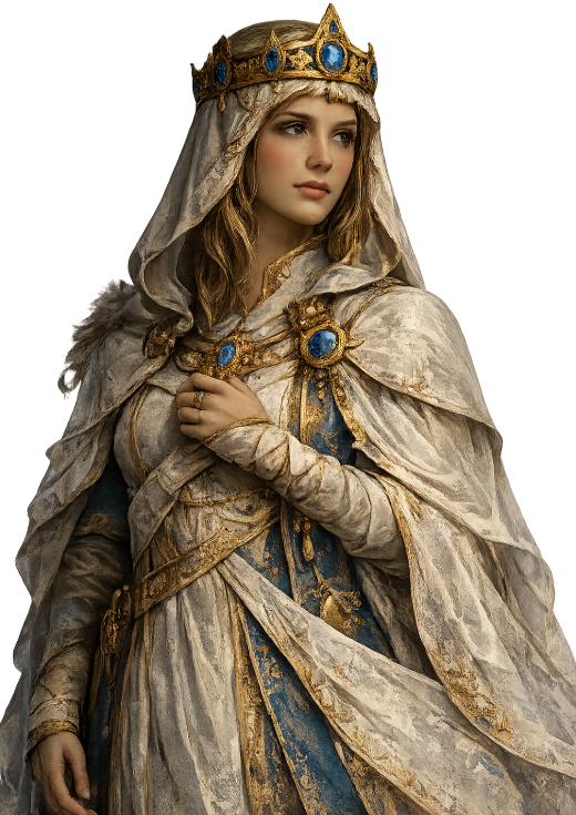Lady Drenni Strayhand, crowned and veiled in white and gold.