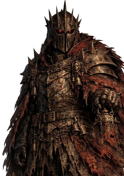Marshal Sorn, a masked figure in spiked armour hung with bells, eyes glowing red.