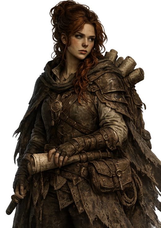Nym Bellweather, a red-haired courier carrying rolled maps.
