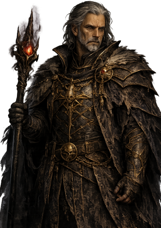 Orsen Veyl, grey-haired in black and gold, holding a burning staff.
