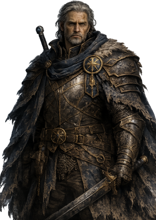 Sir Garran Vale, a grey-bearded knight in worn plate with a greatsword.