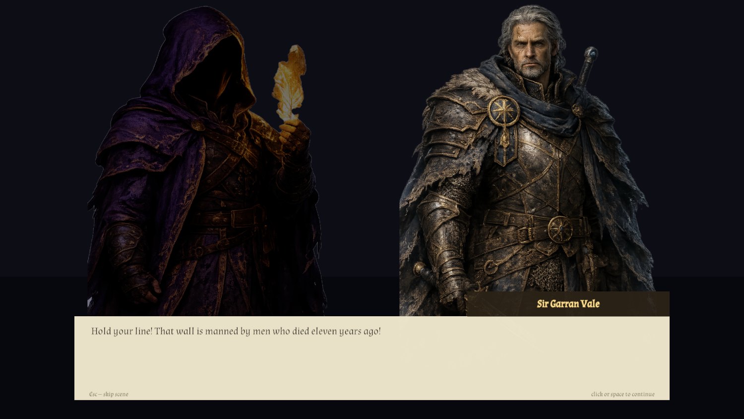 A story scene: the hooded Dungeon Master on the left and Sir Garran Vale on the right, facing each other over a dialogue box.